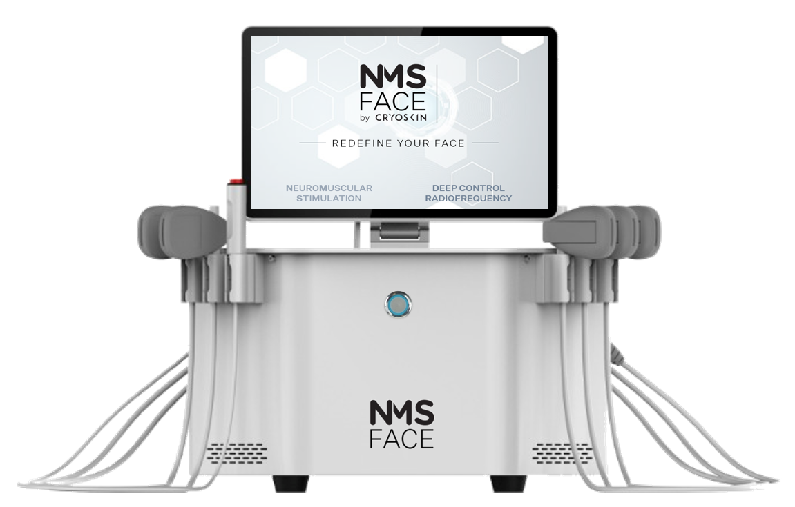 Appareil NMS Face by Cryoskin seul sur fond blanc, avec ses applicateurs